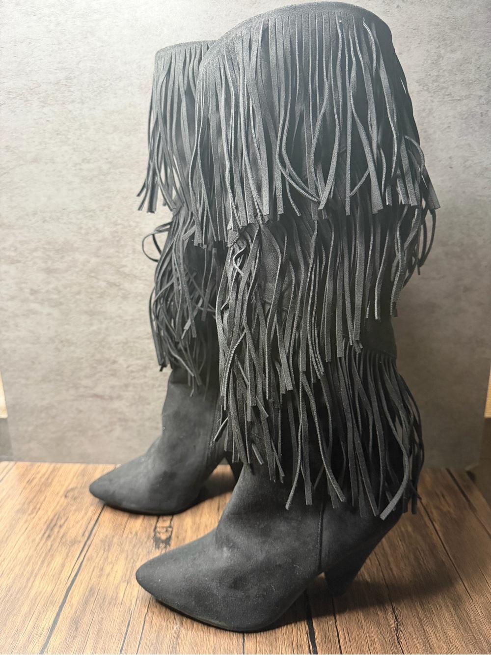 Charlotte Russe Black Faux Suede Multi-Tier Fringe Boots - Size 7
